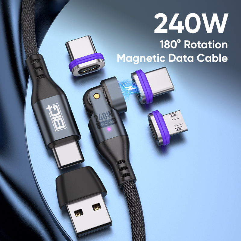 240W Magnetic Charging Cable 2‑Pack – 6‑in‑1 Fast Charging, 180° Rotating USB‑C/Micro USB/i‑Device, Nylon Braided (1.8M & 1M)