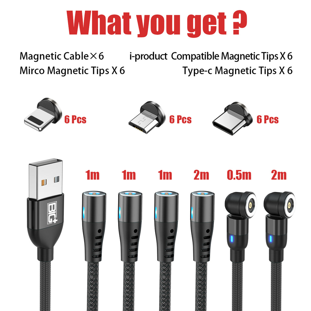 Magnetic Charging Cable 6‑Pack – 3‑in‑1 USB Cable with 360° Rotation, LED Light & Nylon Braided Design (0.5M, 1M, 2M)