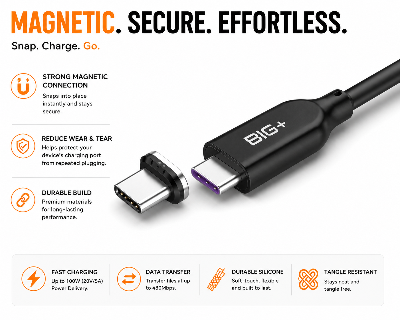 BIG+ magnetic cable compared with traditional USB-C cable – port wear reduction