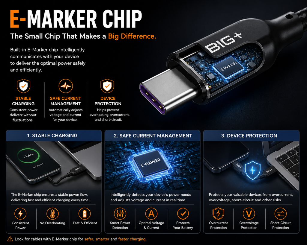 BIG+ USB-C cable with E-Marker chip close-up – intelligent power negotiation