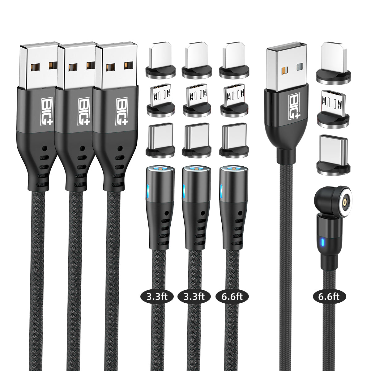 Magnetic Charging Cable 4‑Pack – 3‑in‑1 USB Cable with 360° Auto‑Connect, LED Light & Nylon Braided Design (3.3ft & 6.6ft)
