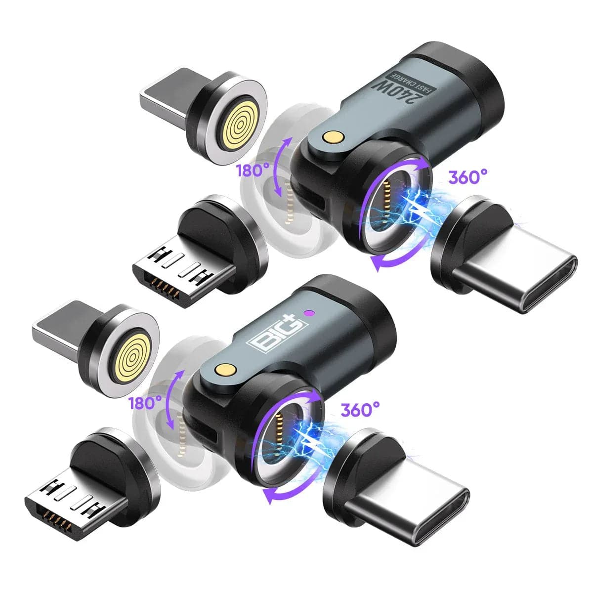 The BIG+ 240W Magnetic USB‑C Adapter delivers ultra‑fast charging, 540° rotation and a secure 16‑pin magnetic connection. Designed for laptops, tablets, phones and gaming devices — including USB‑C, Micro USB and iPhone devices when used with the correct cable.