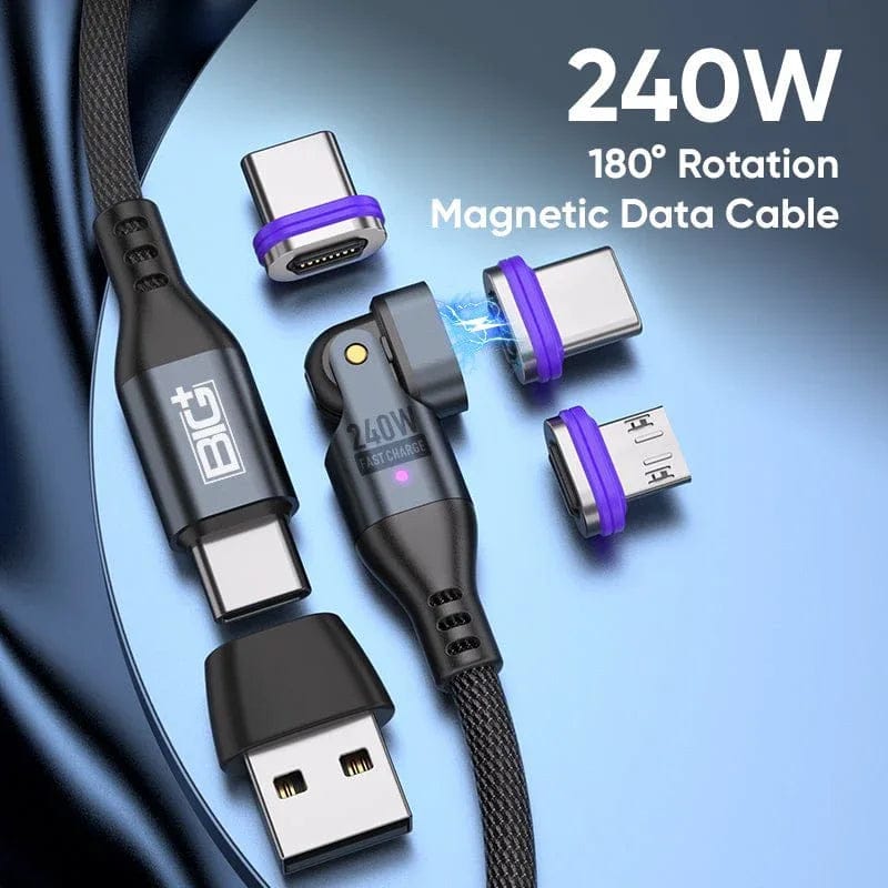 The BIG+ Store USB Cables 240W Magnetic Charging Cable 2‑Pack – 6‑in‑1 Fast Charging, 180° Rotating USB‑C/Micro USB/i‑Device, Nylon Braided (1.8M & 1M)