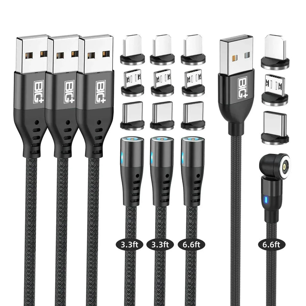 Magnetic Charging Cable 4‑Pack – 3‑in‑1 USB Cable with 360° Auto‑Connect, LED Light & Nylon Braided Design (3.3ft & 6.6ft) - The Big Plus Store