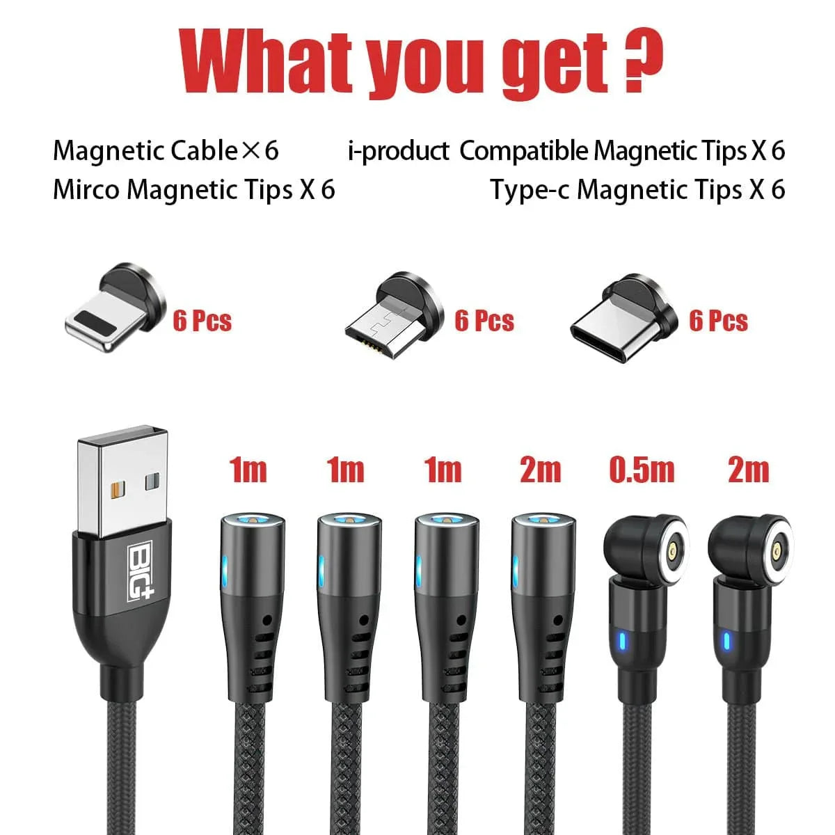 The BIG+ Store USB Cables Magnetic Charging Cable 6‑Pack – 3‑in‑1 USB Cable with 360° Rotation, LED Light & Nylon Braided Design (0.5M, 1M, 2M)
