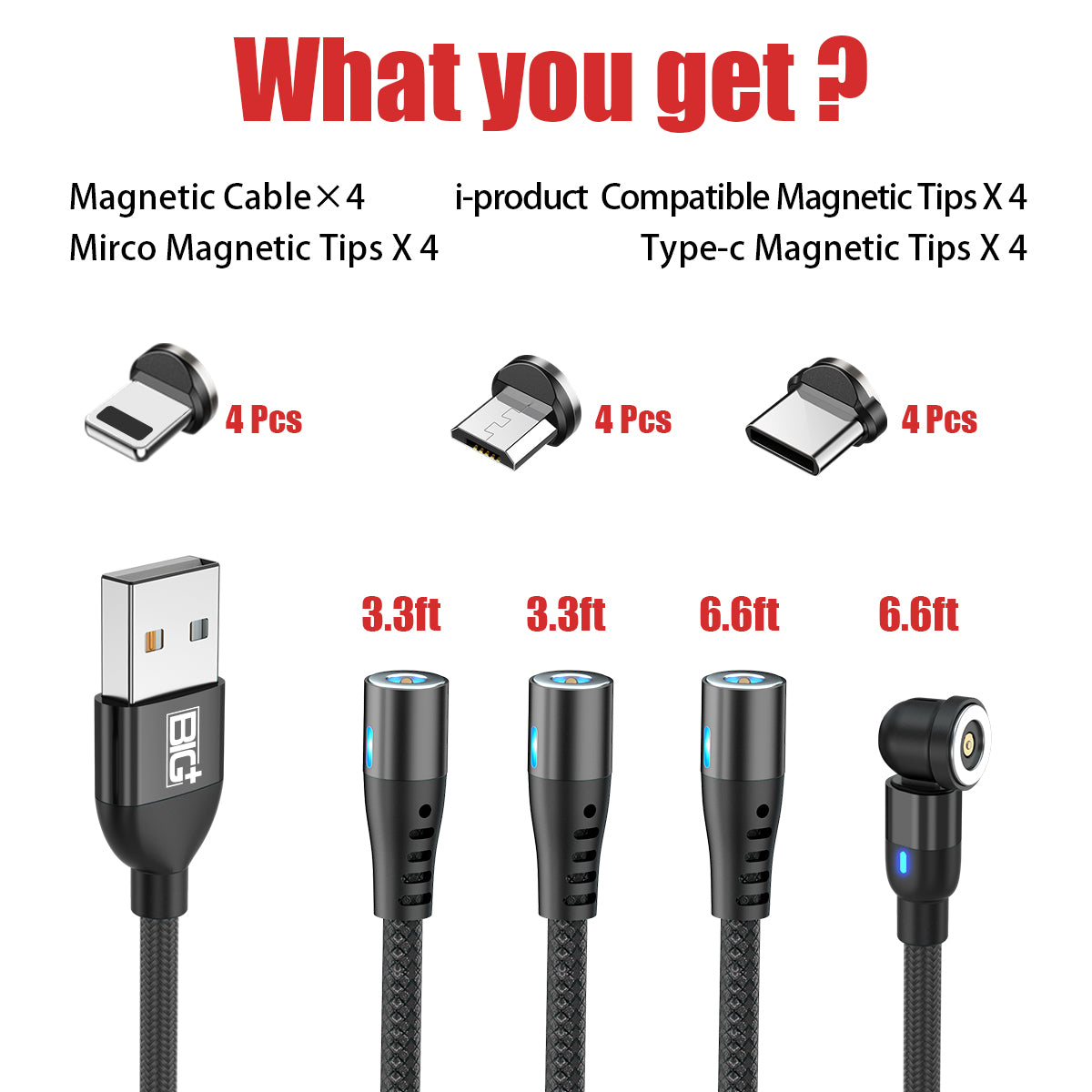 Magnetic Charging Cable 4‑Pack – 3‑in‑1 USB Cable with 360° Auto‑Connect, LED Light & Nylon Braided Design (3.3ft & 6.6ft)
