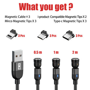 Magnetic Charging Cable 540° Rotating Head, Compatible Charger for IOS, Micro USB & Type C Devices [3 Pack] - The Big Plus Store