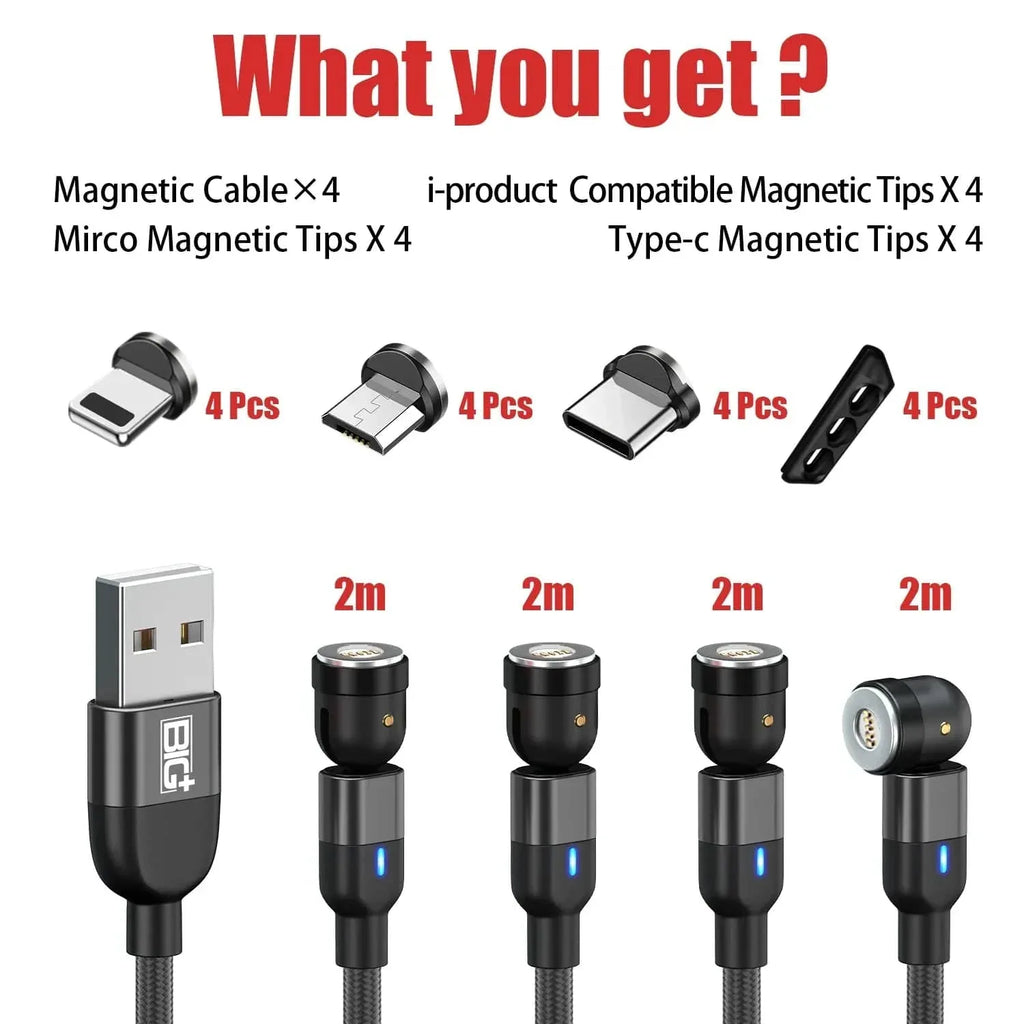 BIG+ Magnetic Fast Charging Cable 540° Rotating Heads Black 4 Pack - The Big Plus Store