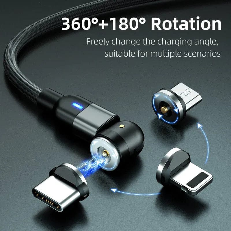 The BIG+ Store USB Cables Magnetic Charging Cable 3‑Pack – 360° + 180° Rotating Head, Strong Magnetic Lock, LED Light, Nylon Braided (Normal Charging)