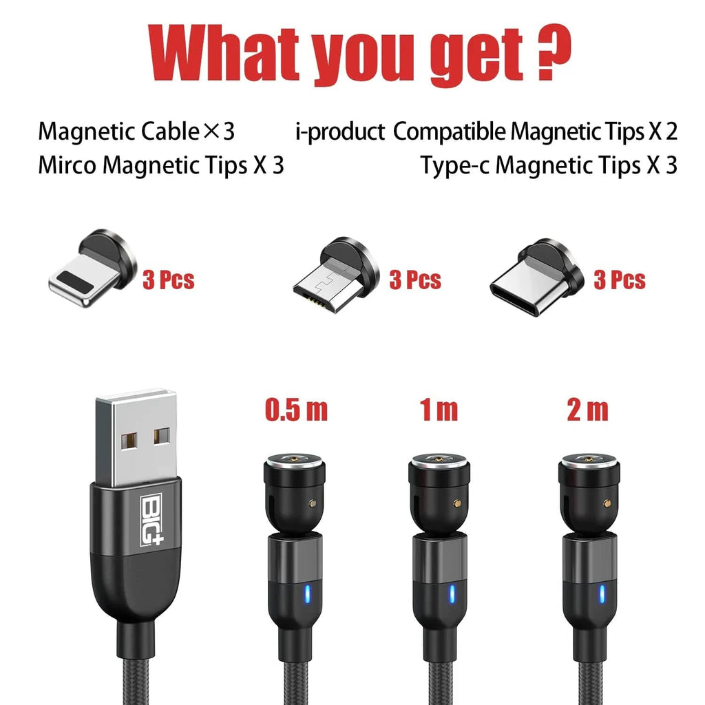 The BIG+ Store USB Cables Magnetic Charging Cable 3‑Pack – 360° + 180° Rotating Head, Strong Magnetic Lock, LED Light, Nylon Braided (Normal Charging)