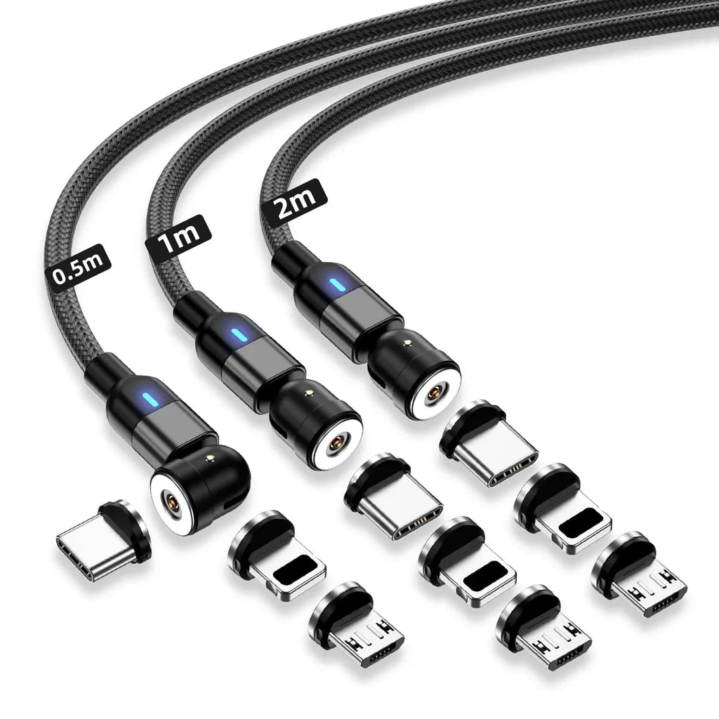 The BIG+ Store USB Cables Magnetic Charging Cable 3‑Pack – 360° + 180° Rotating Head, Strong Magnetic Lock, LED Light, Nylon Braided (Normal Charging)