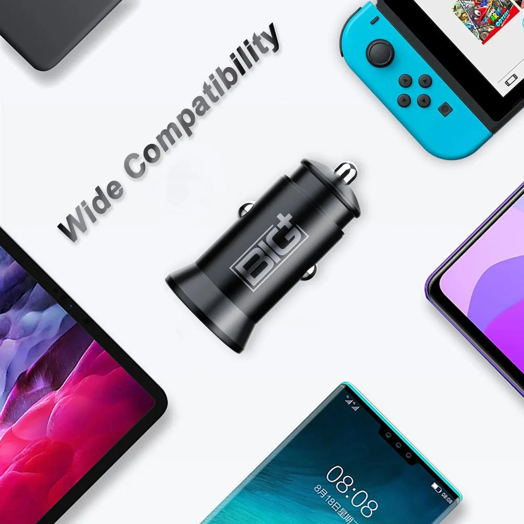 30W USB‑C PD + QC3.0 Car Charger – Dual‑Port Fast Charging, Metal Alloy, Compact Design BIG+ - The Big Plus Store
