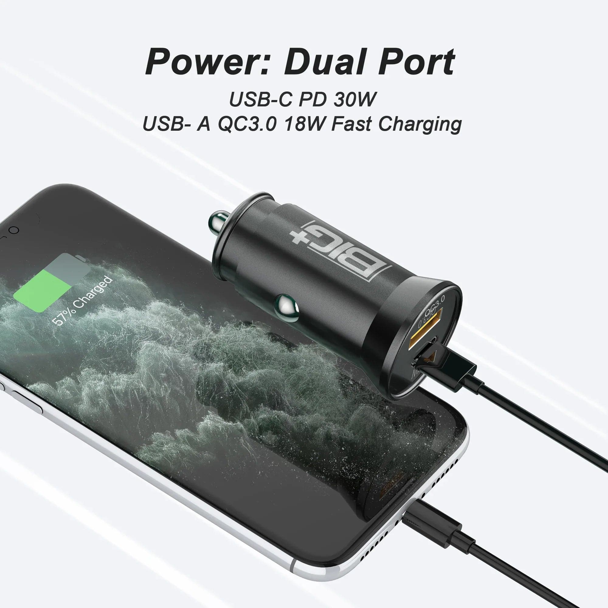 The BIG+ Store USB Car Chargers 30W USB‑C PD + QC3.0 Car Charger – Dual‑Port Fast Charging, Metal Alloy, Compact Design  BIG+