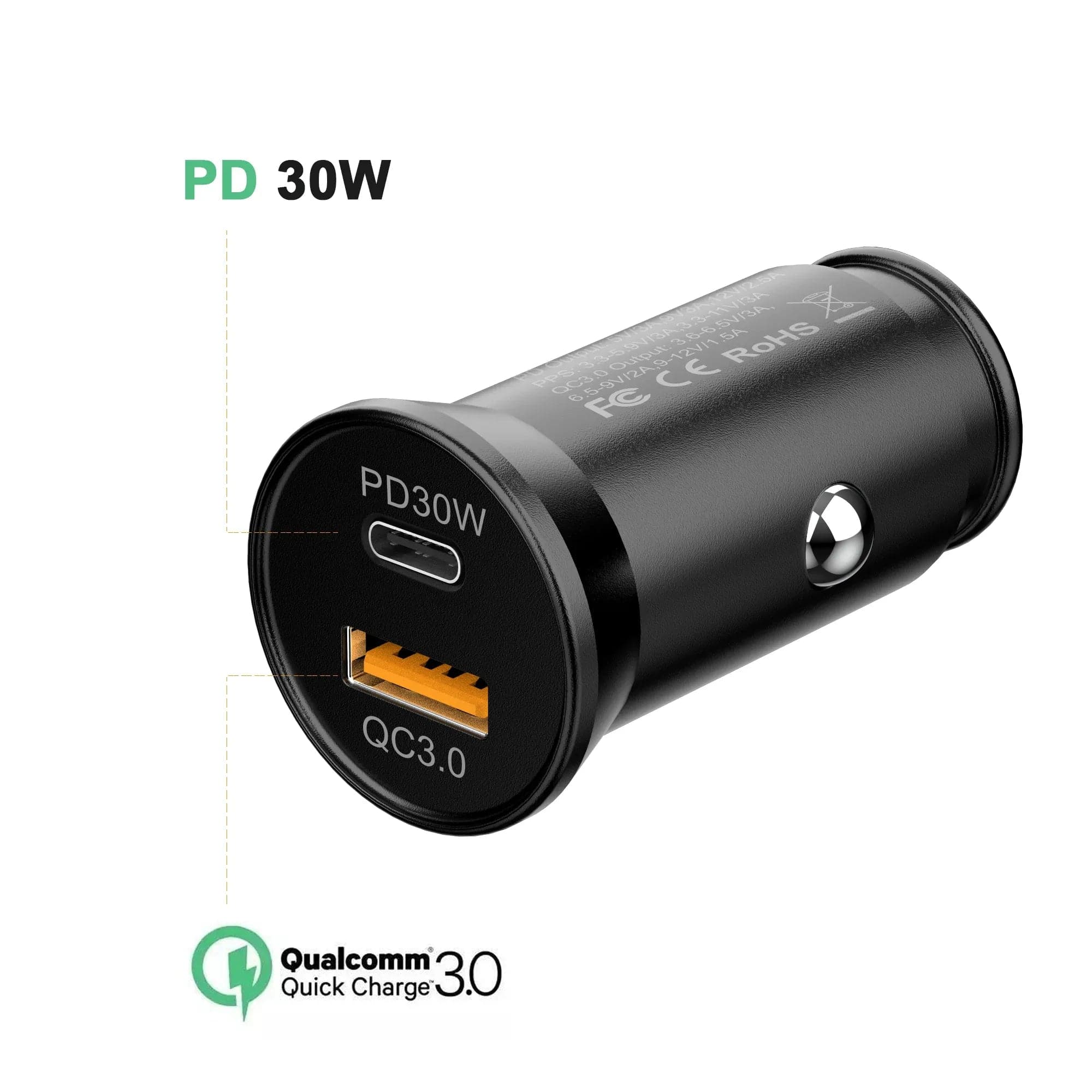 The BIG+ Store USB Car Chargers 30W USB‑C PD + QC3.0 Car Charger – Dual‑Port Fast Charging, Metal Alloy, Compact Design  BIG+