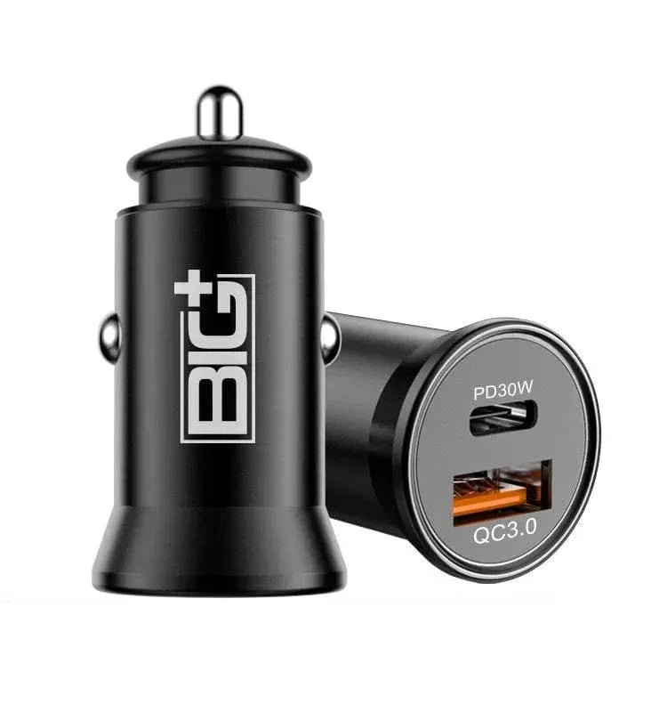 30W USB‑C PD + QC3.0 Car Charger – Dual‑Port Fast Charging, Metal Alloy, Compact Design BIG+ - The Big Plus Store